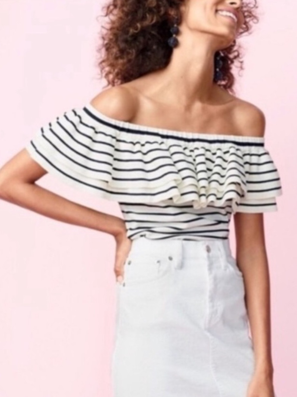 💛2 for $15! J Crew Striped Off-Shoulder Ruffle Top